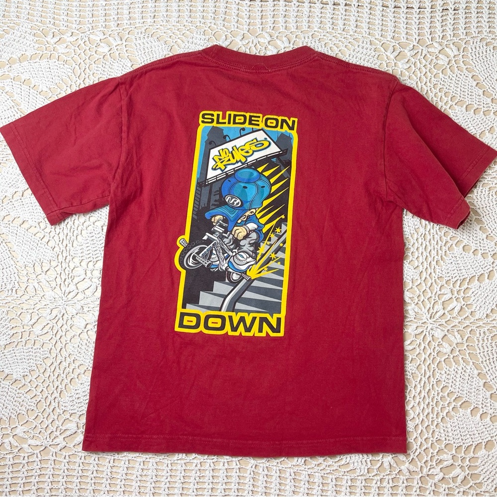 Vintage 1990s No Rules Youth Large Red Slide On BMX Bike Double Sided Tee Shirt